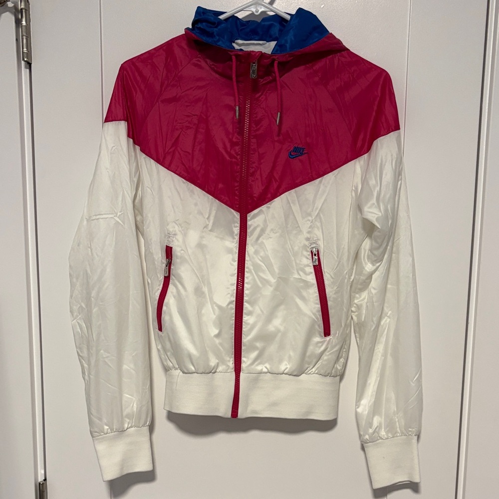 Nike Women's Vibrant Pink and White Bomber Jacket with Blue Hood